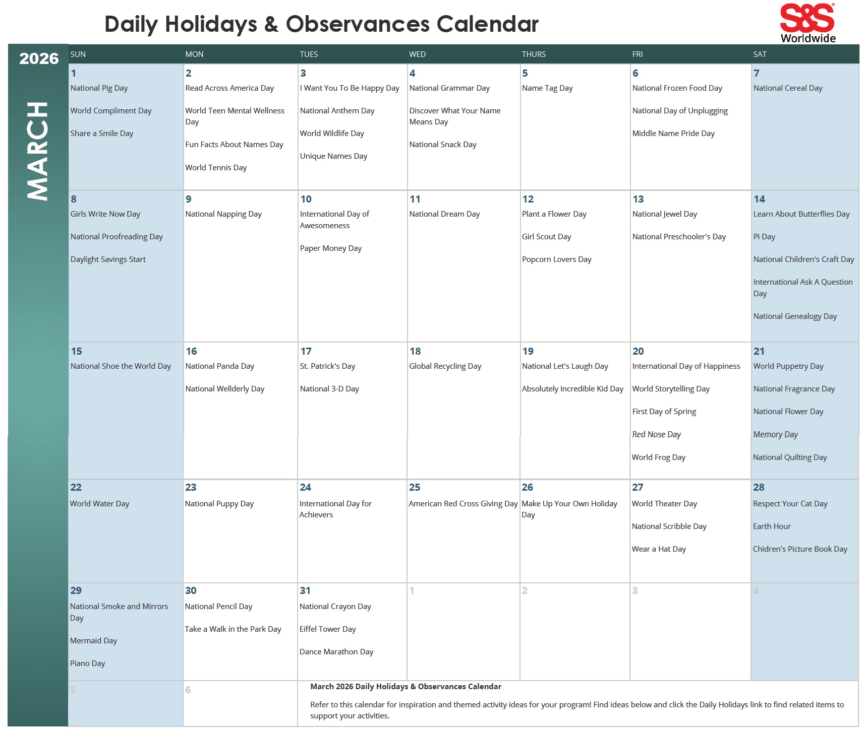 March daily holidays calendar